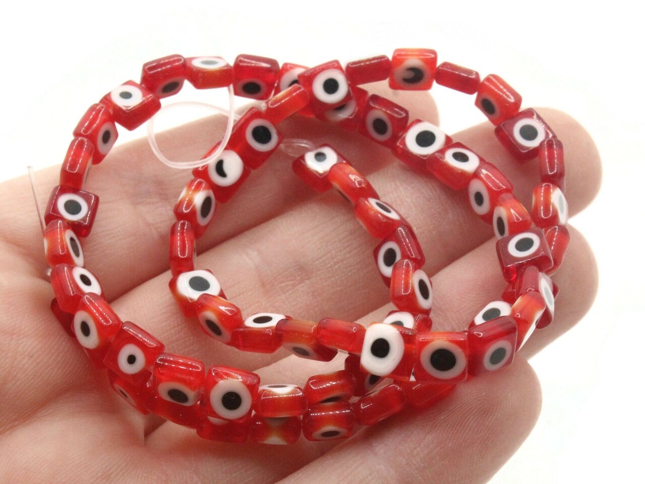 64 6mm Red Black and White Evil Eye Small Smooth Flat Square Disc Glass Beads